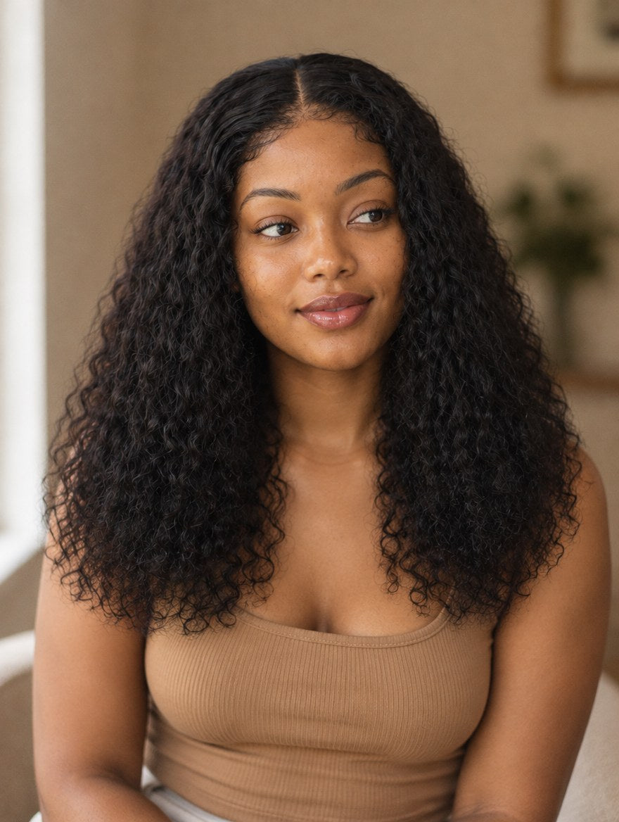 Natural Black Water Wave 5x5 Lace Closure Wig 16" worn by a model