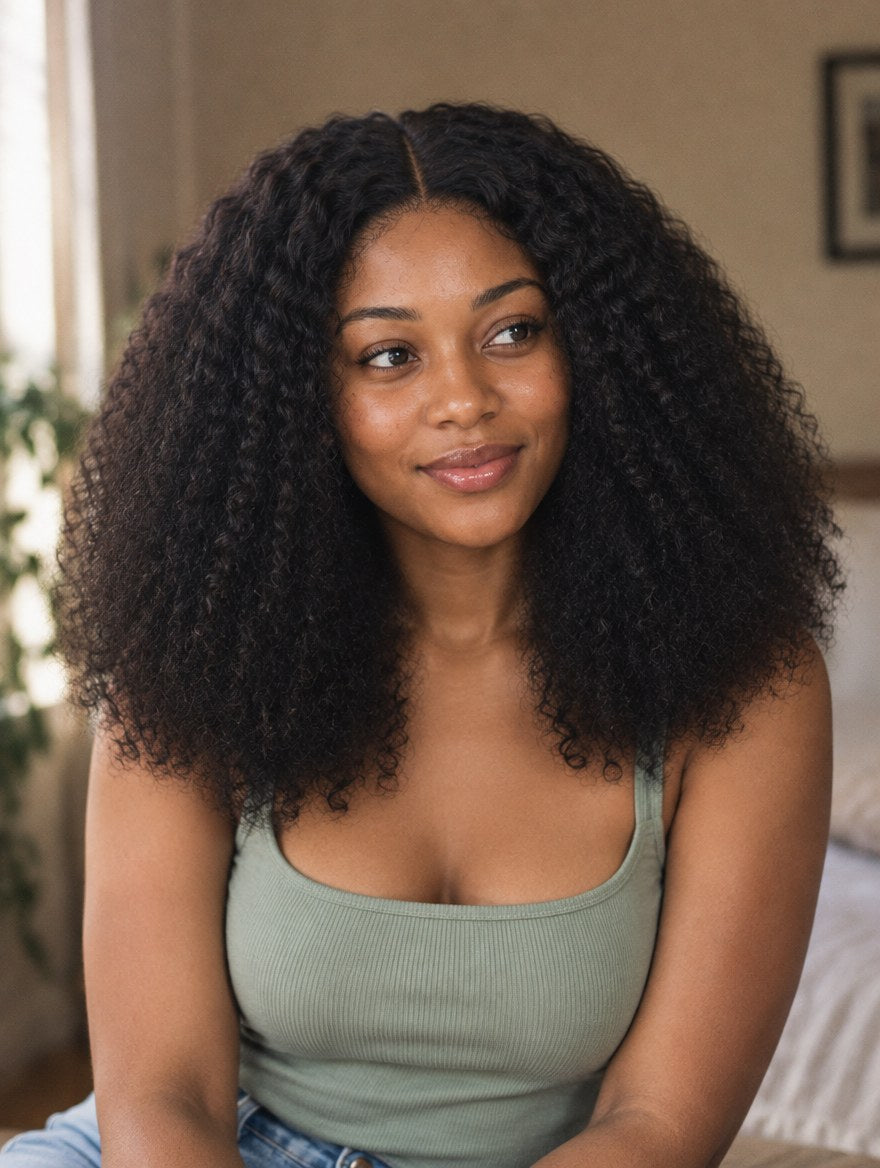 Natural Black Kinky Curly 13x4 Lace Frontal Wig worn by a model