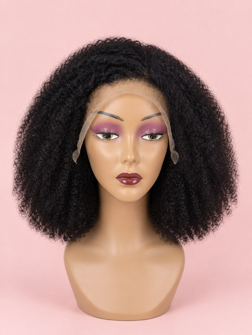 Super Double Drawn Natural Black Jerry Curl 13x4 Lace Frontal Wig 14"