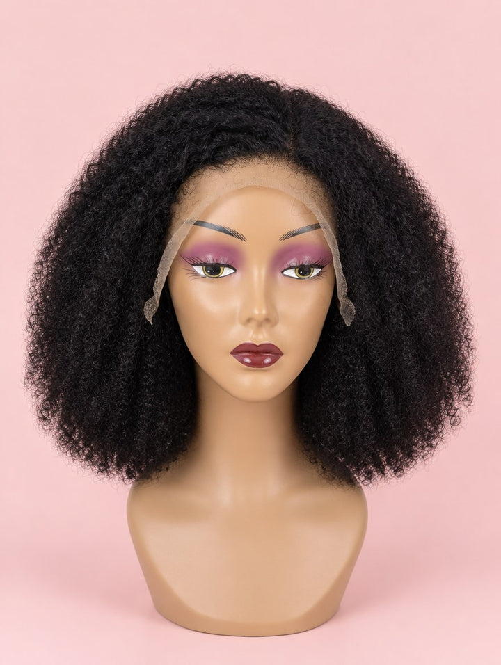 Super Double Drawn Natural Black Jerry Curl 13x4 Lace Frontal Wig 14"