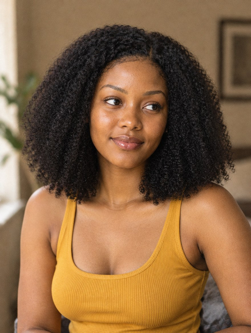 Super Double Drawn Natural Black Jerry Curl 13x4 Lace Frontal Wig 14" worn by a model