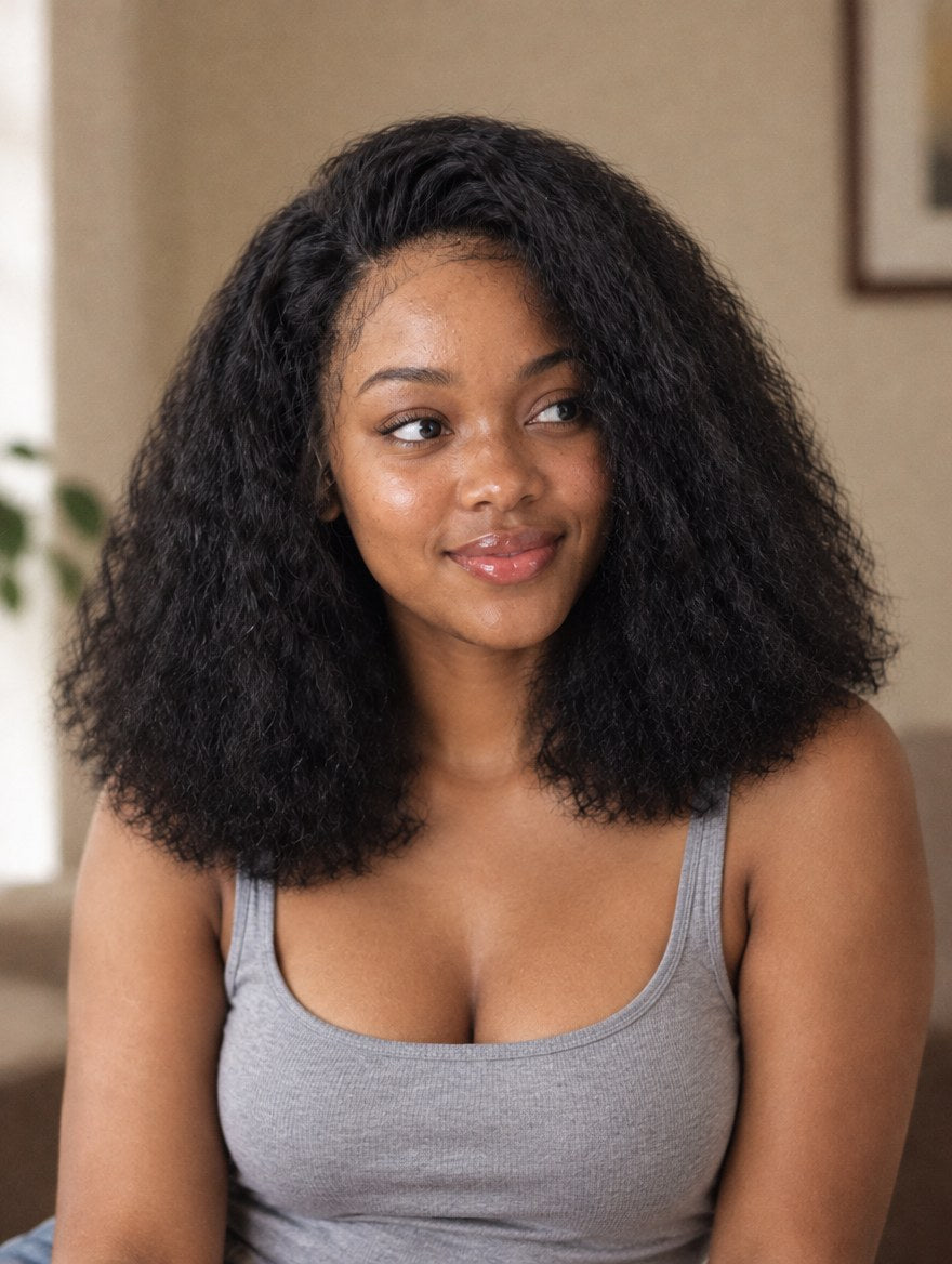 Super Double Drawn Natural Black Water Wave 13x4 Lace Frontal Wig 14" worn by a model