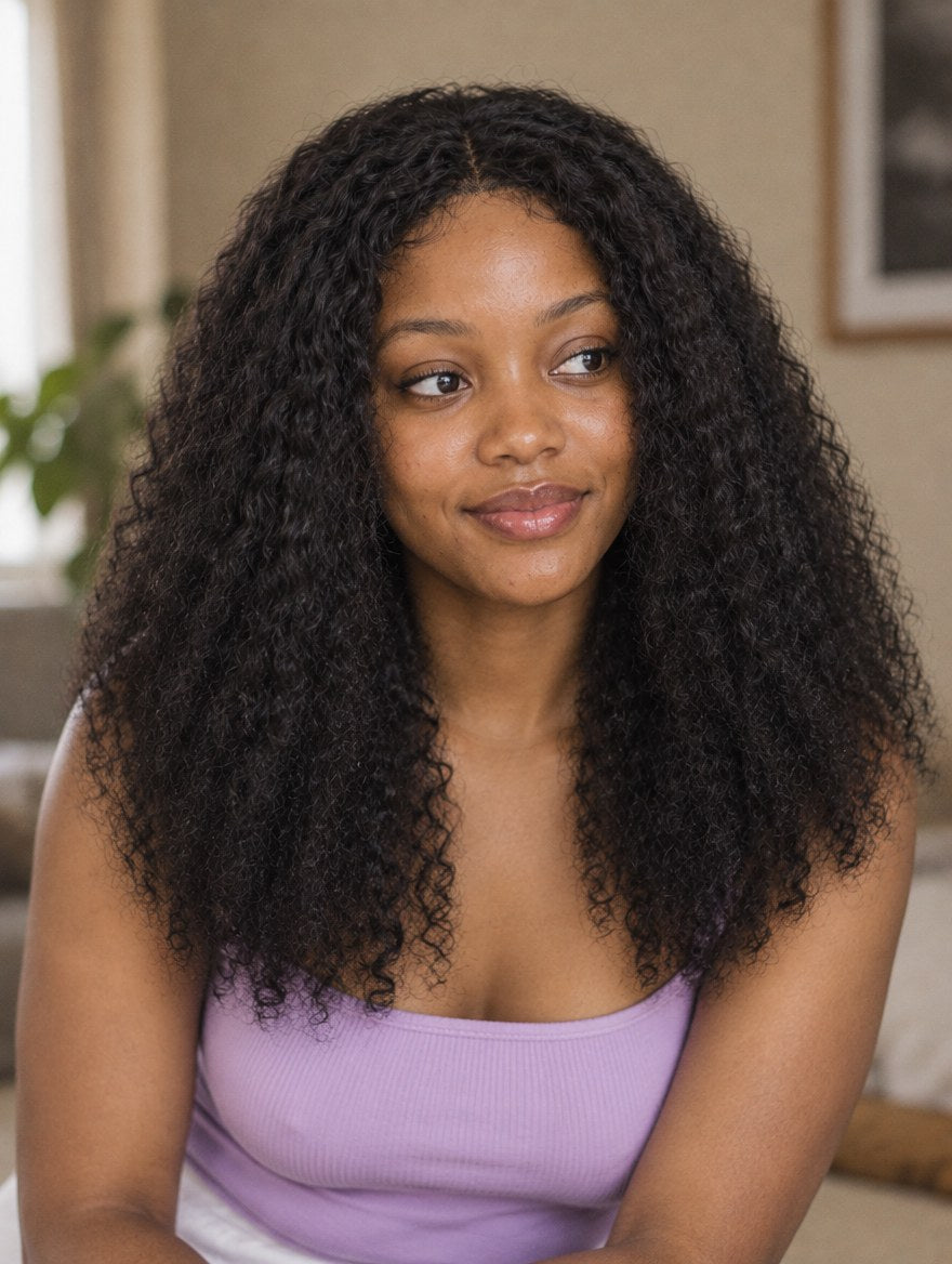 Natural Black Kinky Curly 13x4 Lace Frontal Wig worn by a model