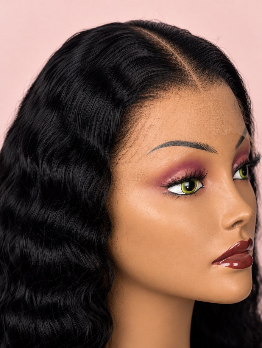Super Double Drawn Natural Black Ocean Wave 5x5 Lace Closure Wig 20" lace and hairline close-up