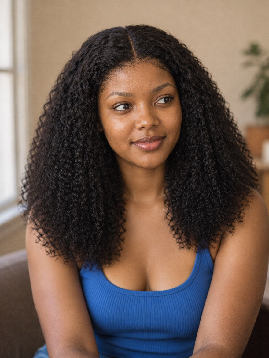 Natural Black Jerry Curl 13x4 Lace Frontal Wig 18" worn by a model