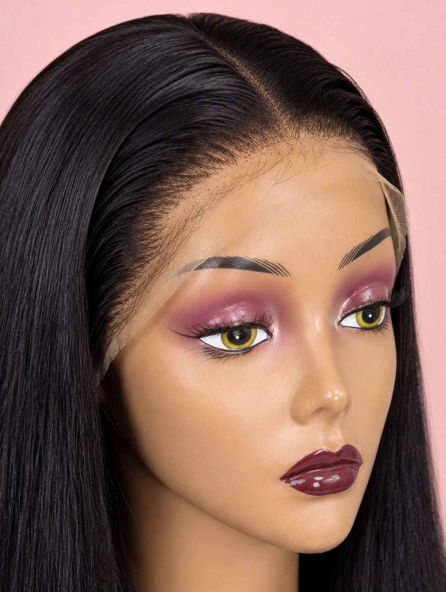 Natural Black Straight 13x6 Lace Frontal Wig 32" lace and hairline close-up