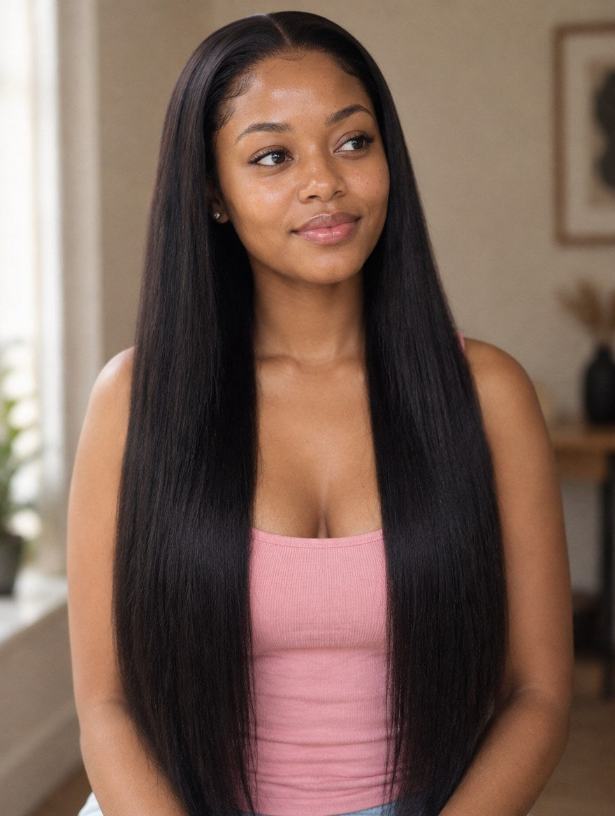 Natural Black Straight 13x6 Lace Frontal Wig 32" worn by a model