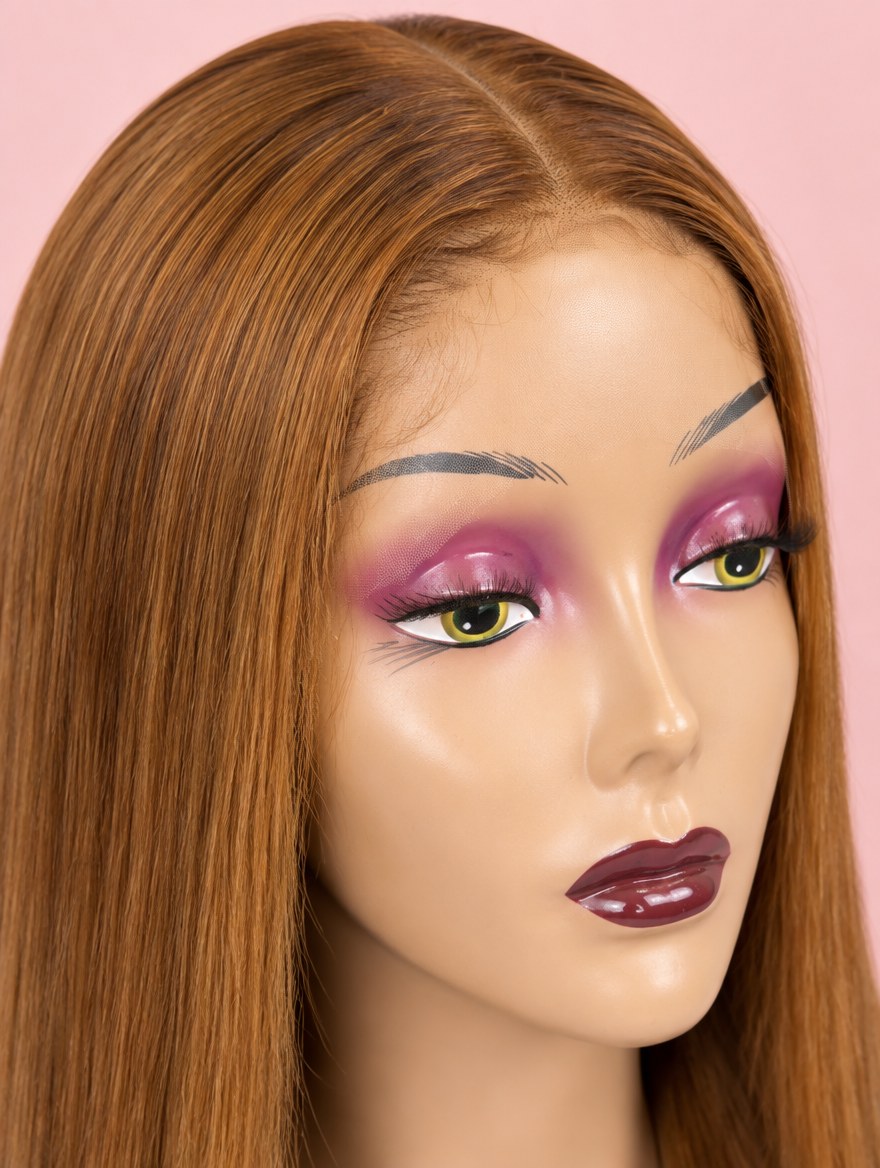 Auburn Brown Ombre Straight 13x6 Lace Frontal Wig 30" lace and hairline close-up