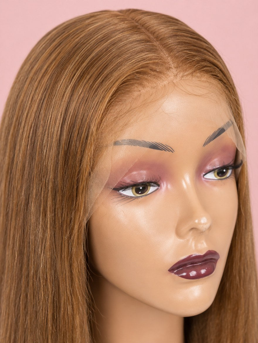 Honey Brown Straight 13x6 Lace Frontal Wig 28" lace and hairline close-up