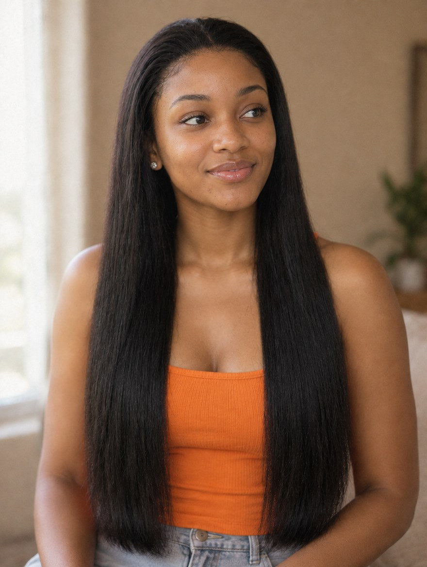 Natural Black Straight 13x4 Lace Frontal Wig 26" worn by a model