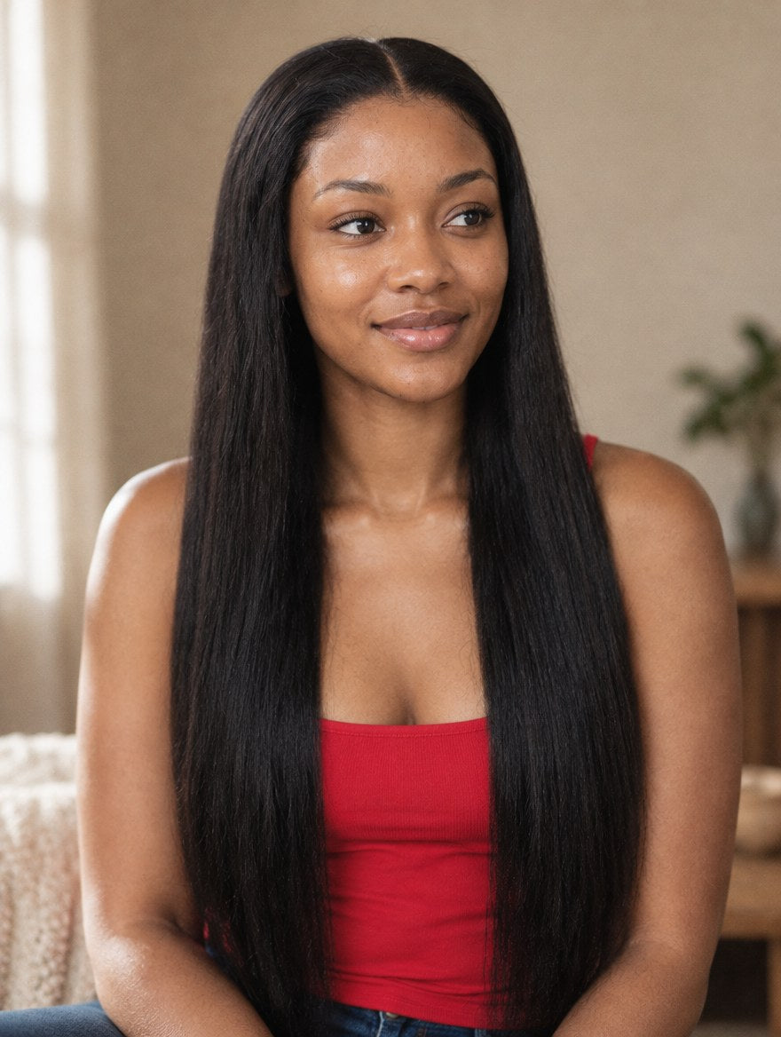 Natural Black Straight 13x4 Lace Frontal Wig worn by a model