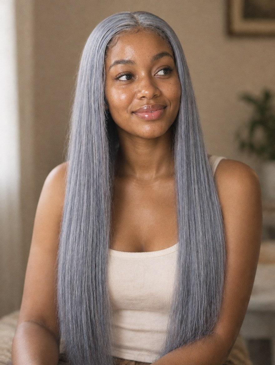 Silver Grey Straight 13x4 Lace Frontal Wig worn by a model