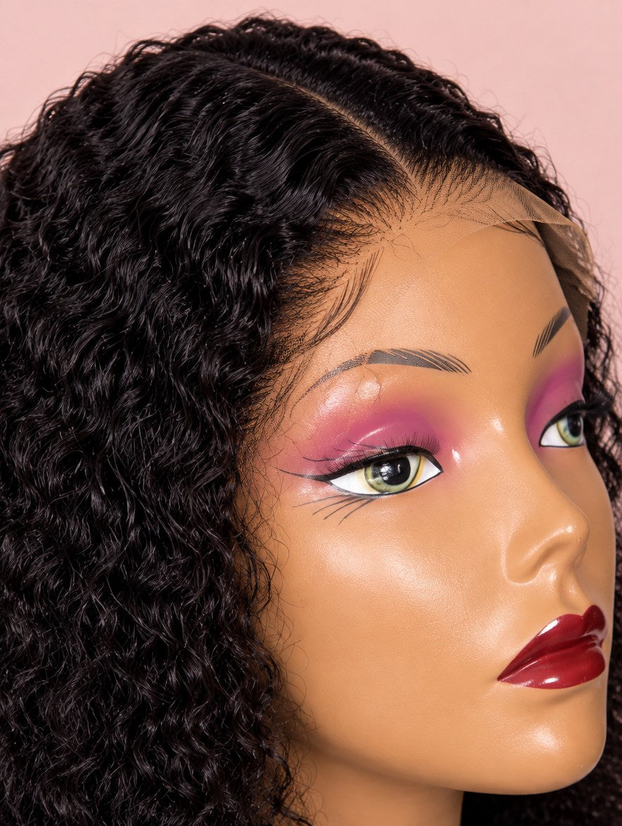 Super Double Drawn Natural Black Pixie Curl 13x4 Lace Frontal Wig lace and hairline close-up