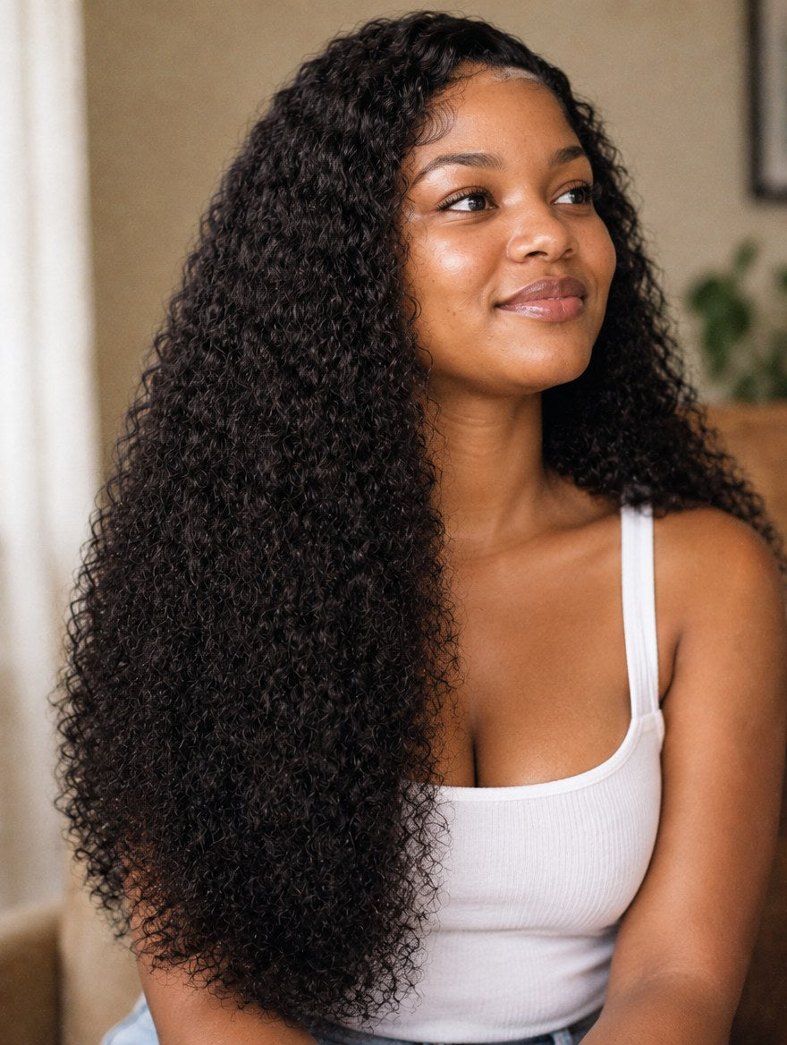 Super Double Drawn Natural Black Pixie Curl 13x4 Lace Frontal Wig worn by a model