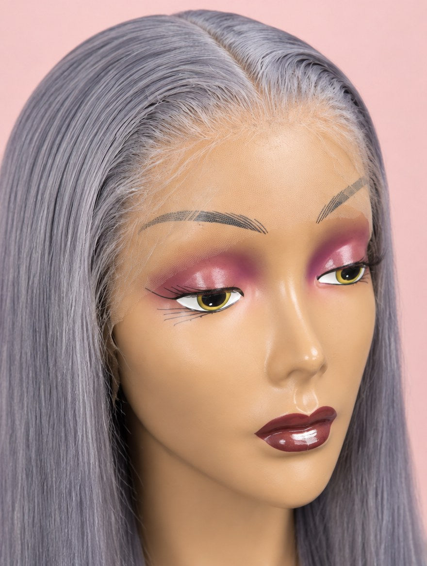Silver Grey Straight 13x4 Lace Frontal Wig lace and hairline close-up
