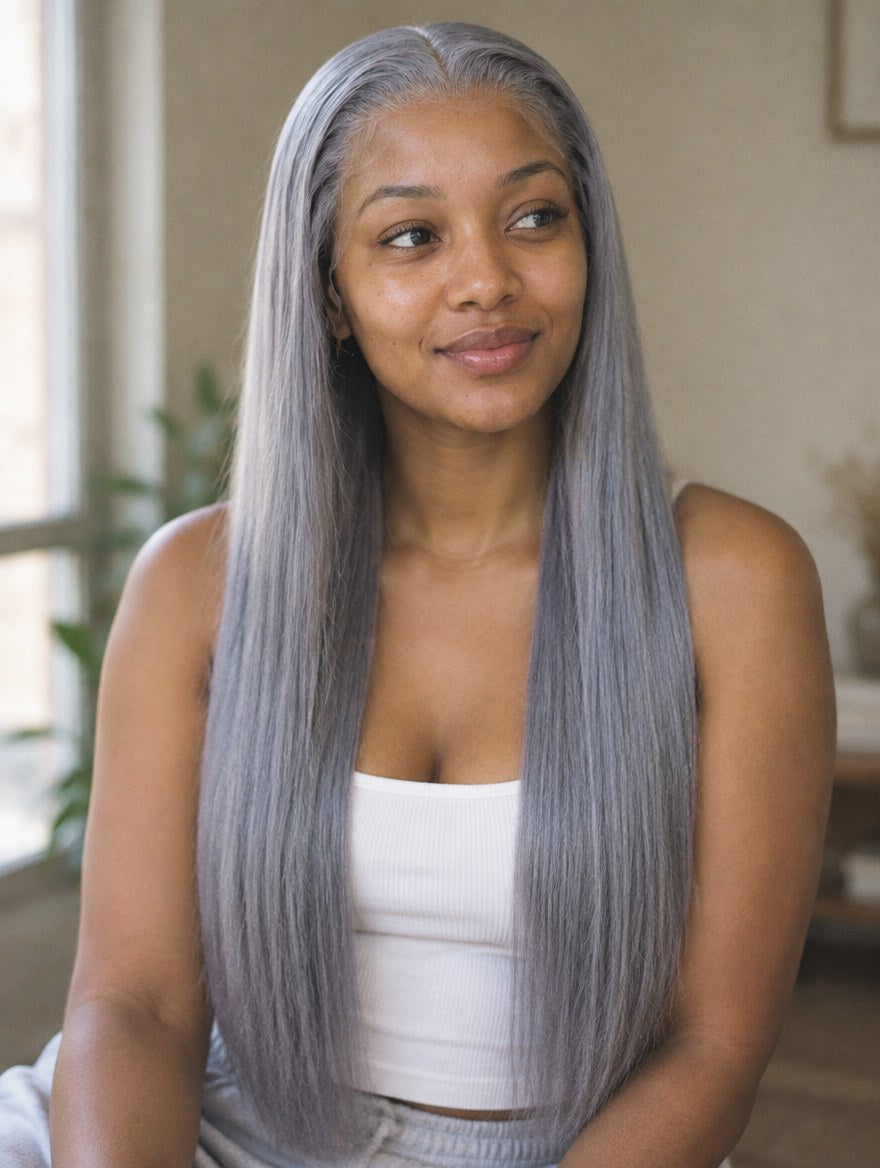 Silver Grey Straight 13x4 Lace Frontal Wig worn by a model