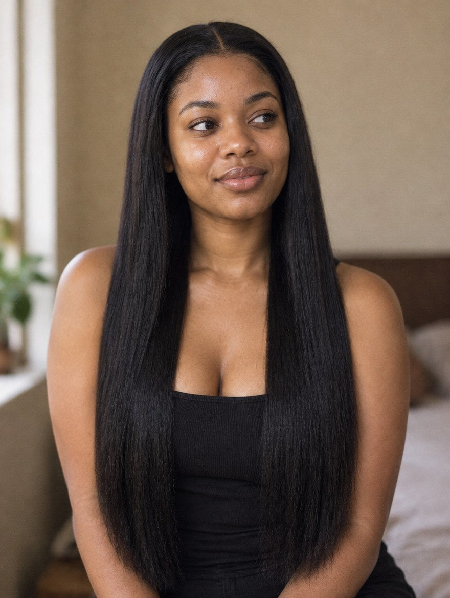 Natural Black Straight 13x4 Lace Frontal Wig worn by a model