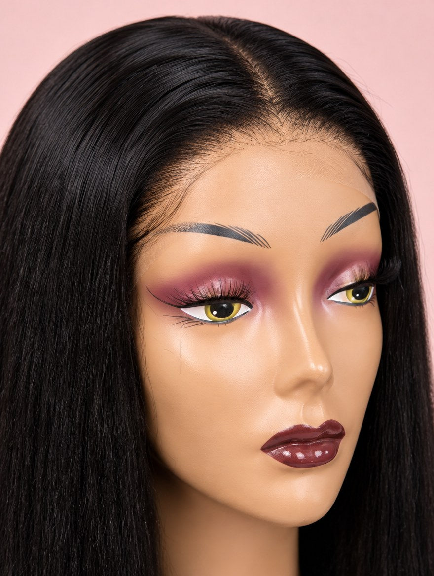Super Double Drawn Vietnamese Natural Black Straight 13x4 Lace Frontal Wig 22" lace and hairline close-up