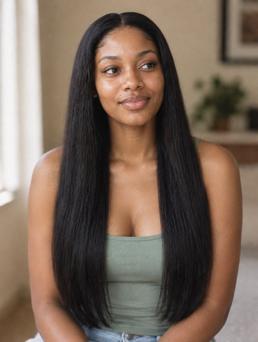 Super Double Drawn Vietnamese Natural Black Straight 13x4 Lace Frontal Wig 22" worn by a model