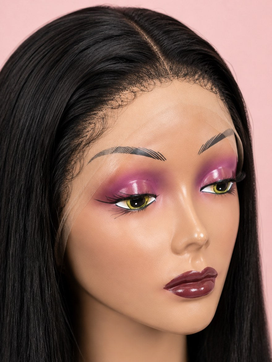 Natural Black Straight 13x4 Lace Frontal Wig 20" lace and hairline close-up