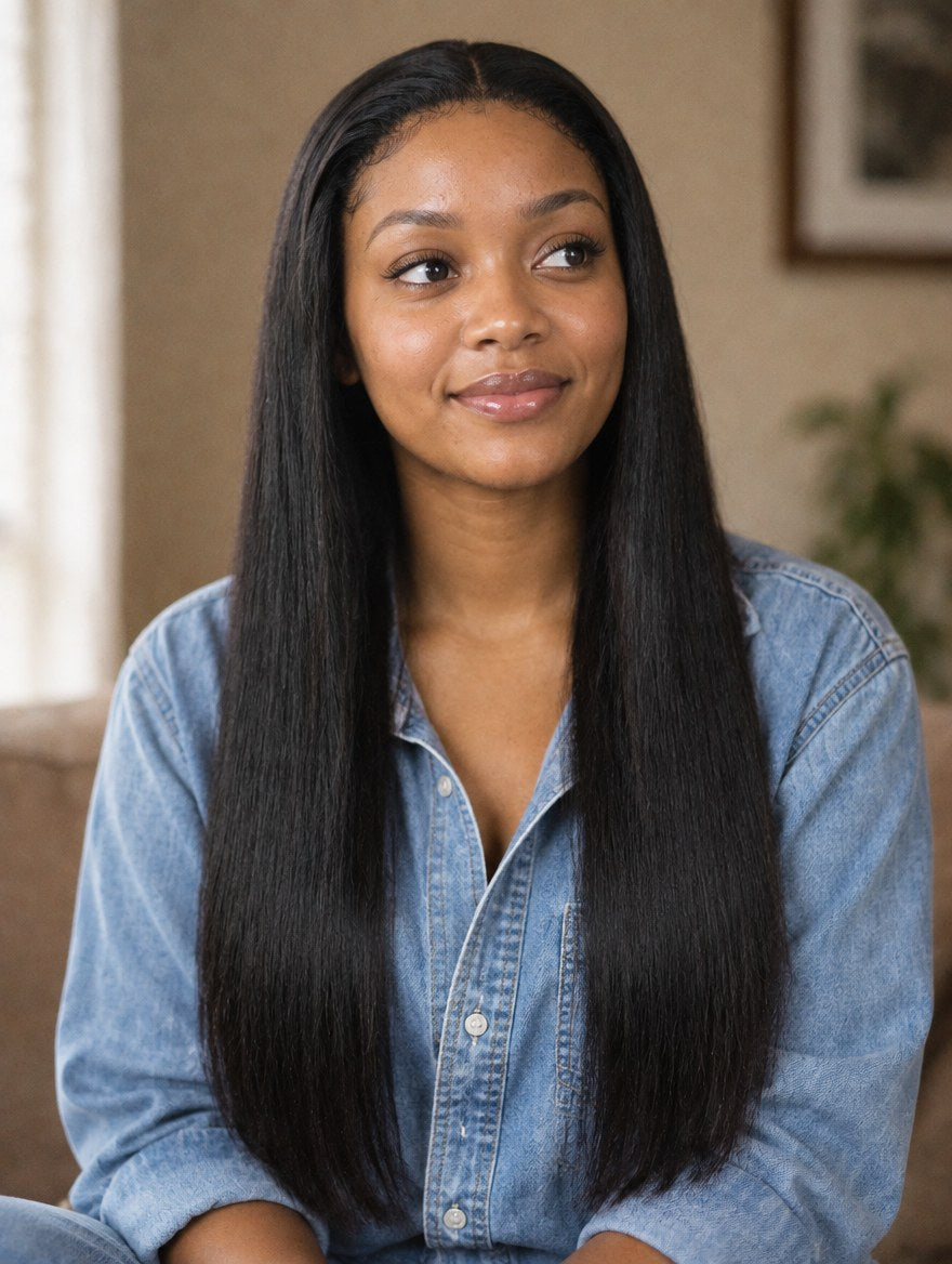 Natural Black Straight 13x4 Lace Frontal Wig 20" worn by a model
