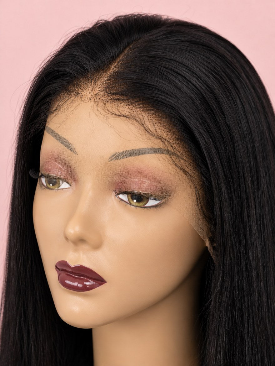 Super Double Drawn Raw Vietnamese Natural Black Straight 13x4 Lace Frontal Wig 26" lace and hairline close-up