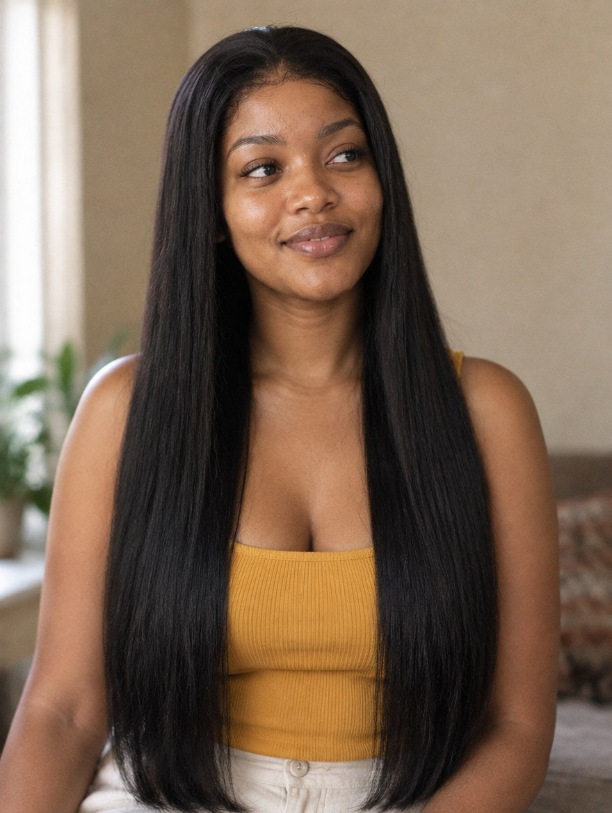 Super Double Drawn Raw Vietnamese Natural Black Straight 13x4 Lace Frontal Wig 26" worn by a model
