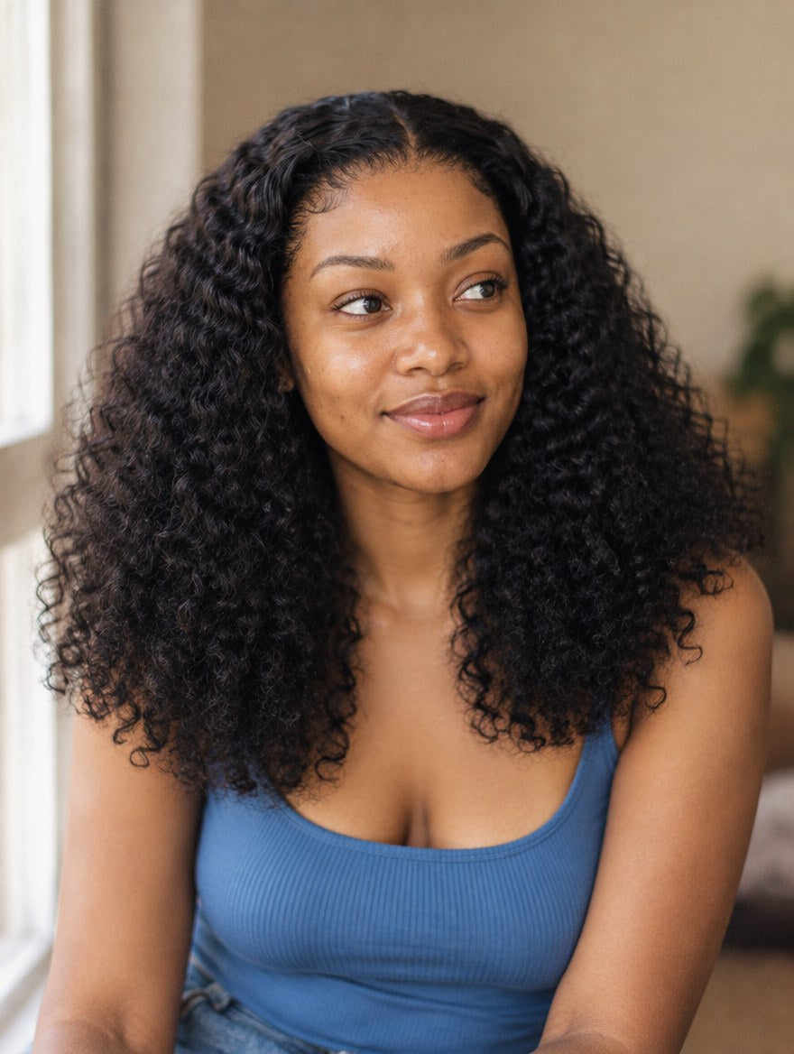 Super Double Drawn Natural Black Burmese Curl 13x4 Lace Frontal Wig worn by a model