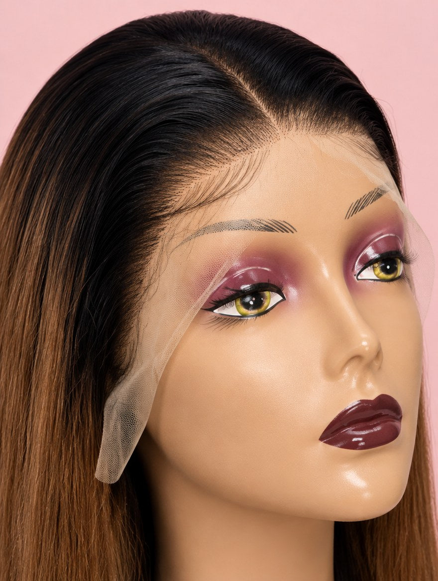 Black to Chocolate Ombre Straight 13x4 Lace Frontal Wig 20" lace and hairline close-up