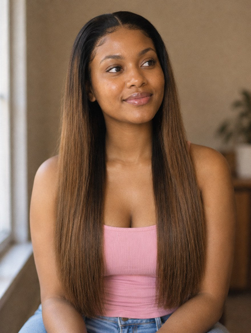 Black to Chocolate Ombre Straight 13x4 Lace Frontal Wig 20" worn by a model