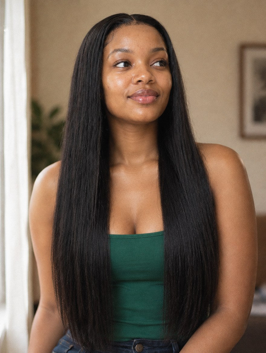 Natural Black Straight 13x4 Lace Frontal Wig worn by a model