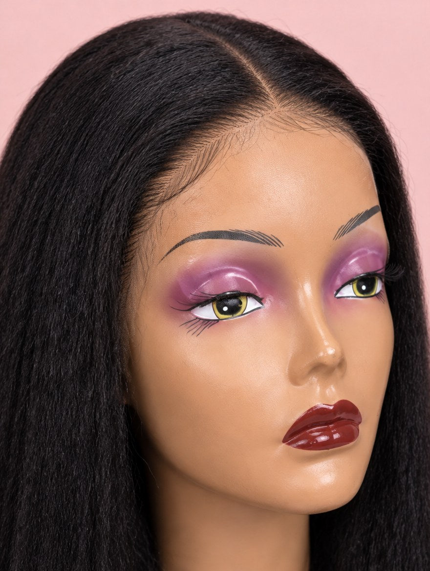 Natural Black Yaki Straight 13x4 Lace Frontal Wig 24" lace and hairline close-up