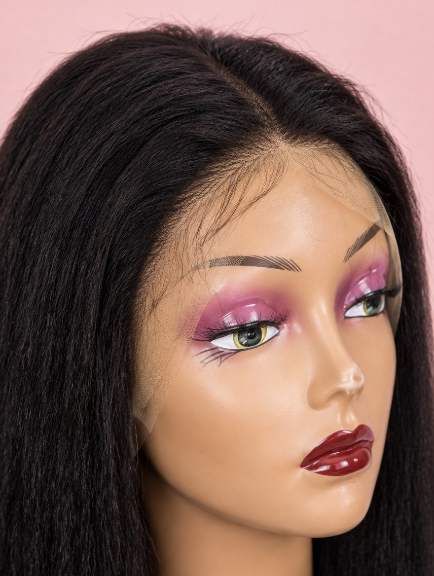 Natural Black Yaki Straight 13x4 Lace Frontal Wig lace and hairline close-up