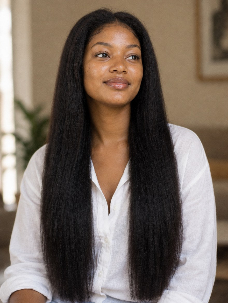 Natural Black Yaki Straight 13x4 Lace Frontal Wig worn by a model