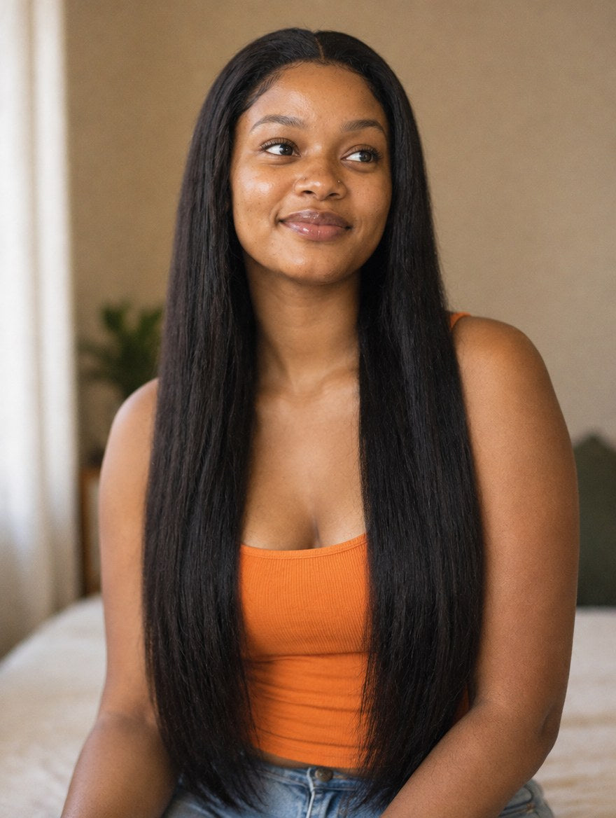Natural Black Straight 13x4 Lace Frontal Wig worn by a model