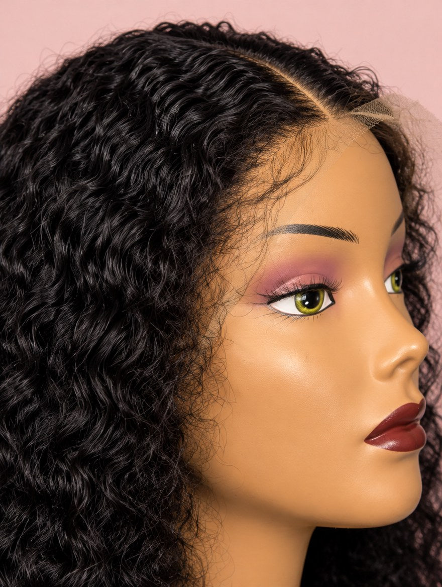 Super Double Drawn Natural Black Jerry Curl 13x4 Lace Frontal Wig 20" lace and hairline close-up