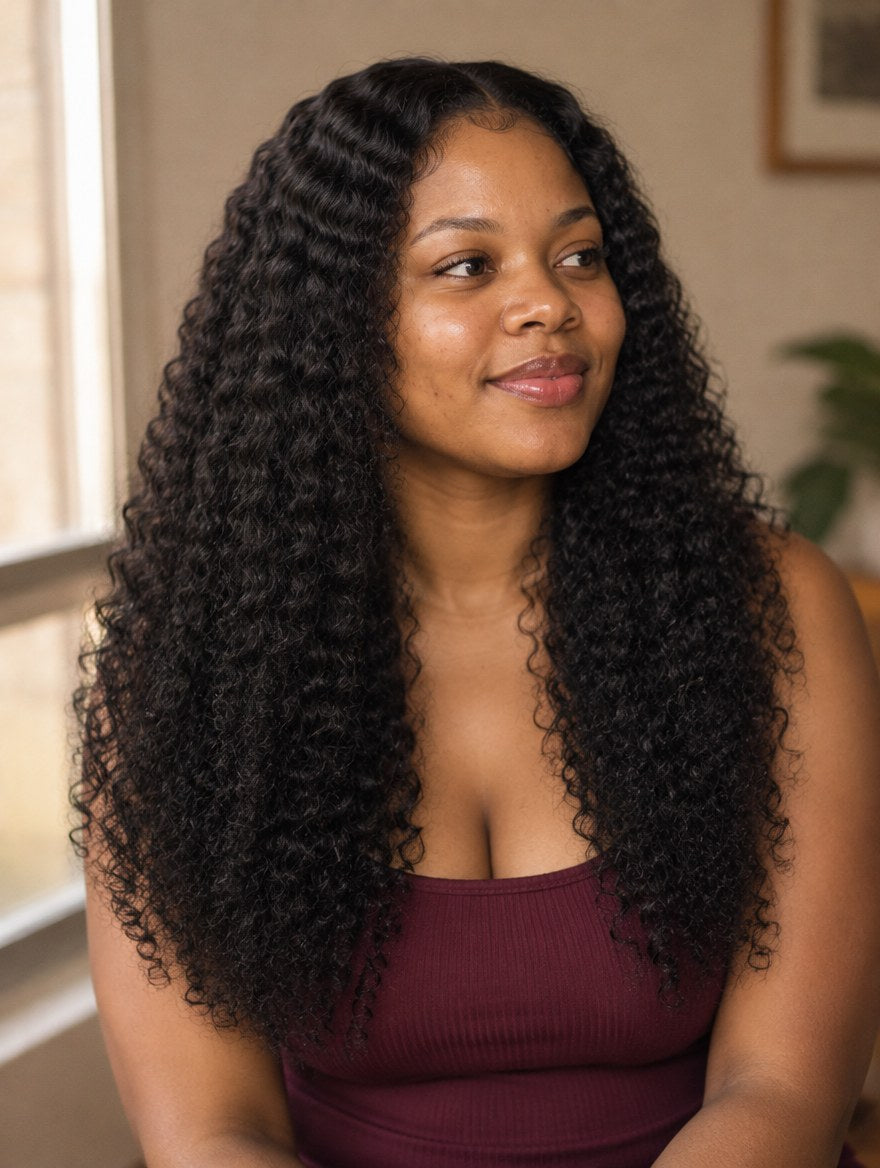 Super Double Drawn Natural Black Jerry Curl 13x4 Lace Frontal Wig 20" worn by a model