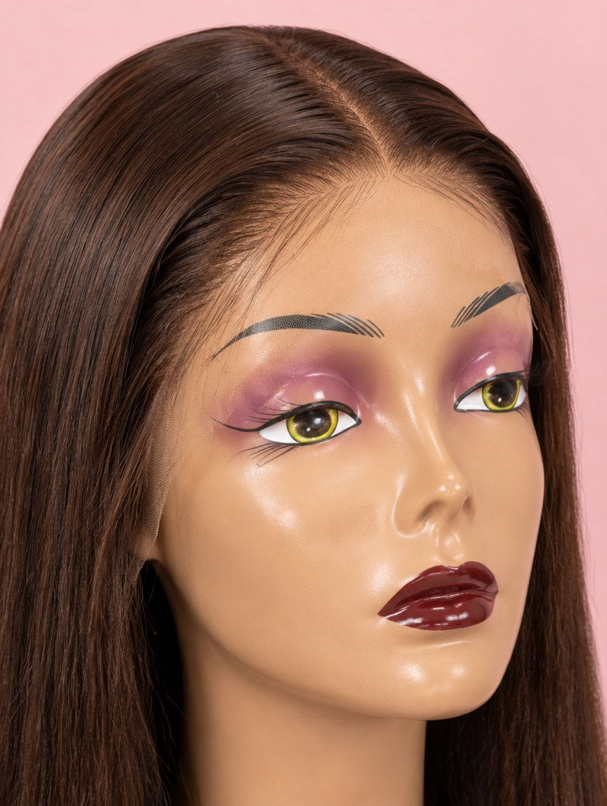 Chocolate Brown Straight 13x4 Lace Frontal Wig 22" lace and hairline close-up