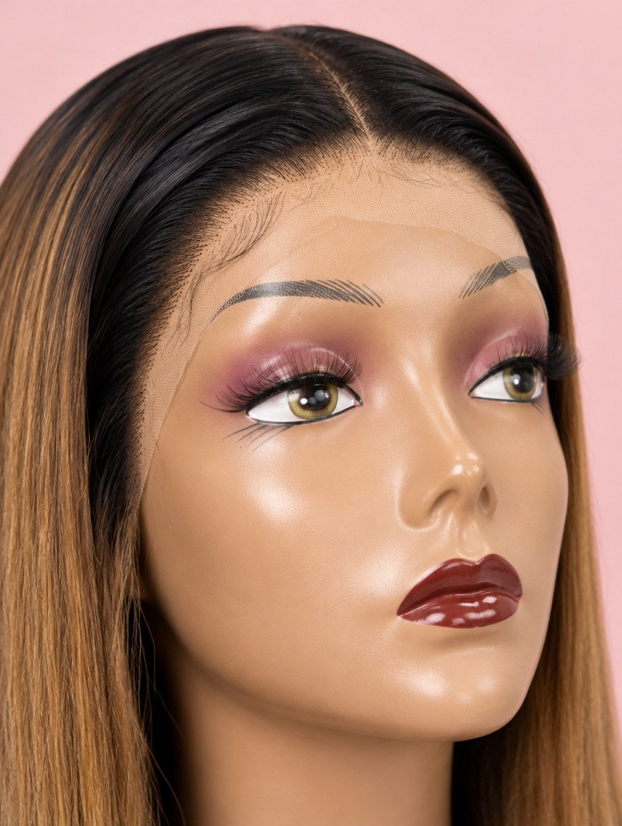 Brown Ombre Straight 13x4 Lace Frontal Wig 22" lace and hairline close-up