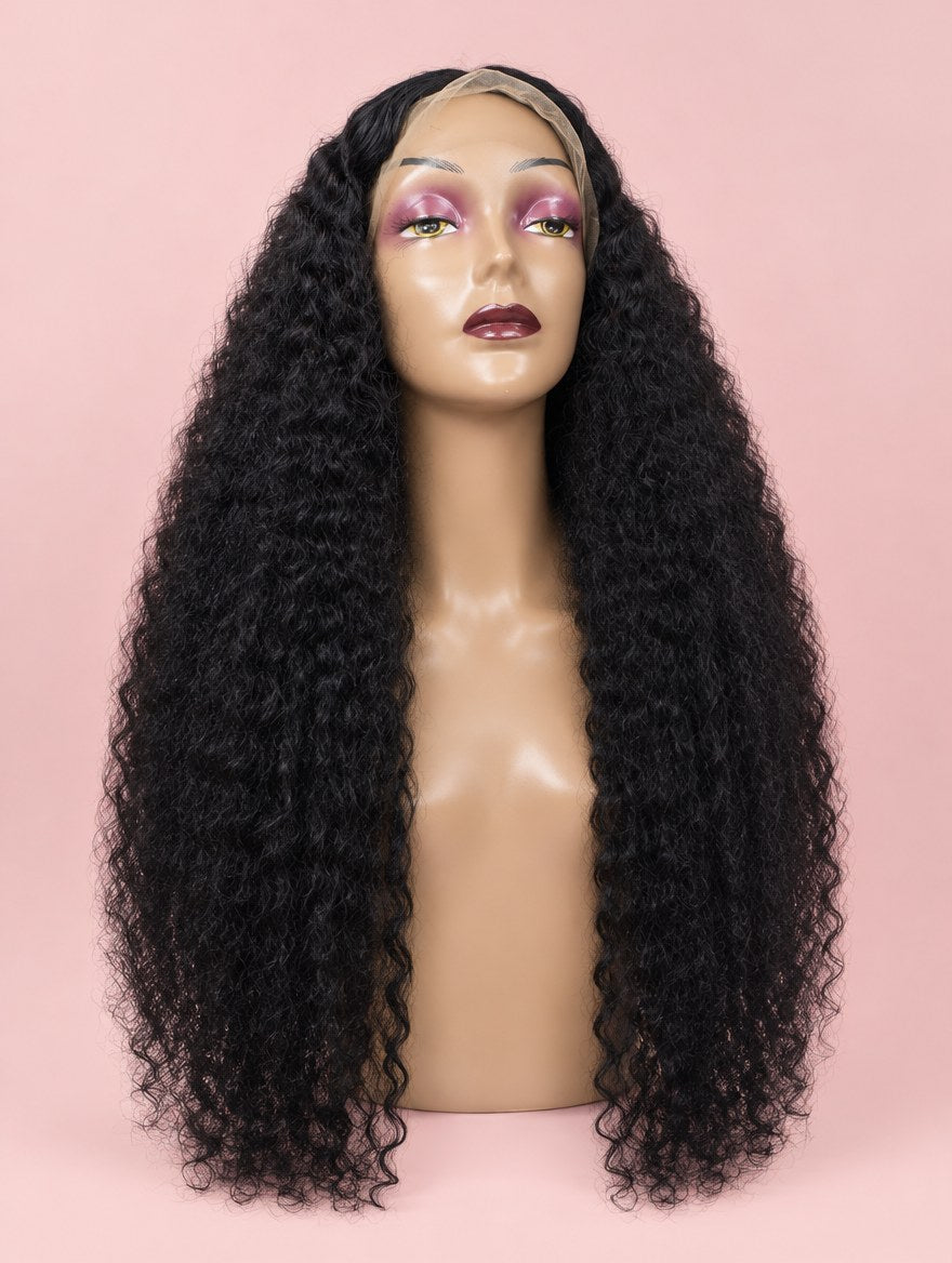Super Double Drawn Natural Black Water Wave 13x4 Lace Frontal Wig 14" 28" front