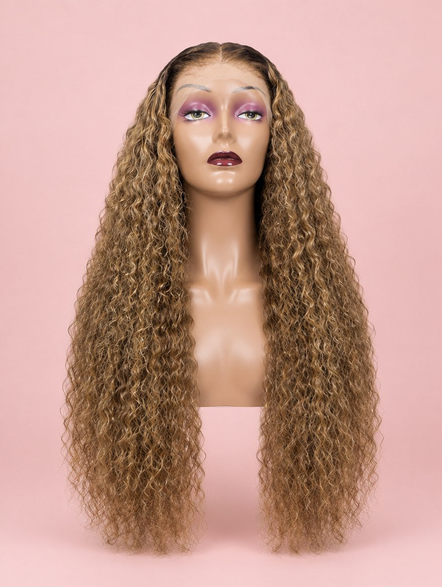 Super Double Drawn Honey Blonde Highlight Water Wave 13x4 Lace Frontal Wig 24" 28" front
