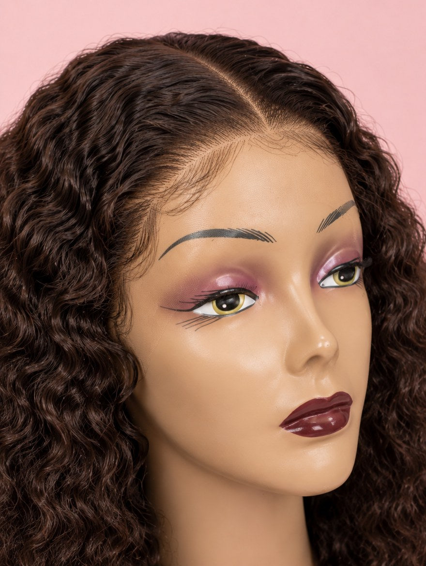 Chocolate Brown Water Wave 13x4 Lace Frontal Wig 22" lace and hairline close-up