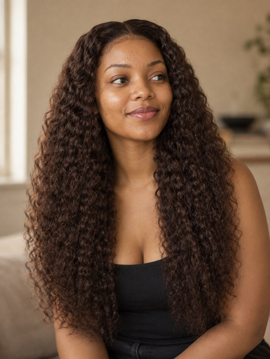 Chocolate Brown Water Wave 13x4 Lace Frontal Wig 22" worn by a model