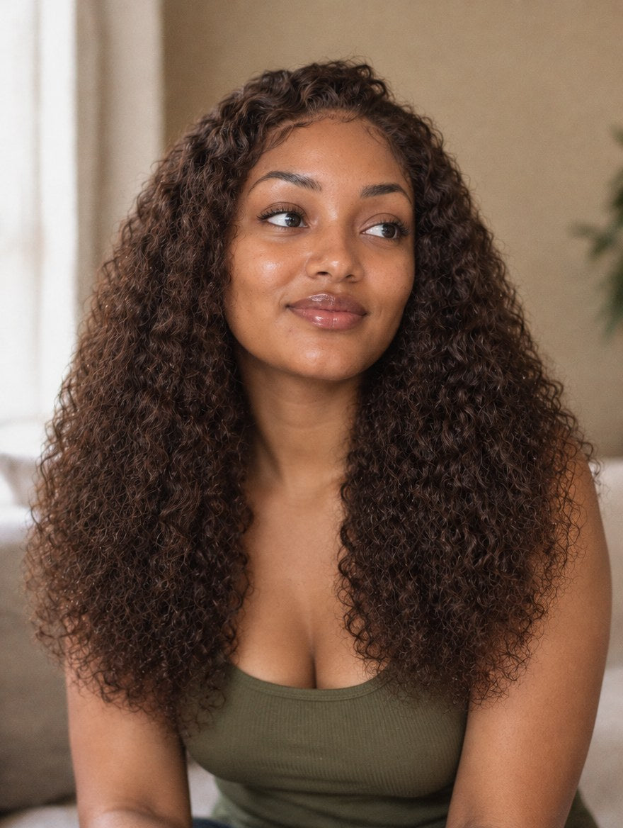 Chocolate Brown Water Wave 13x4 Lace Frontal Wig worn by a model