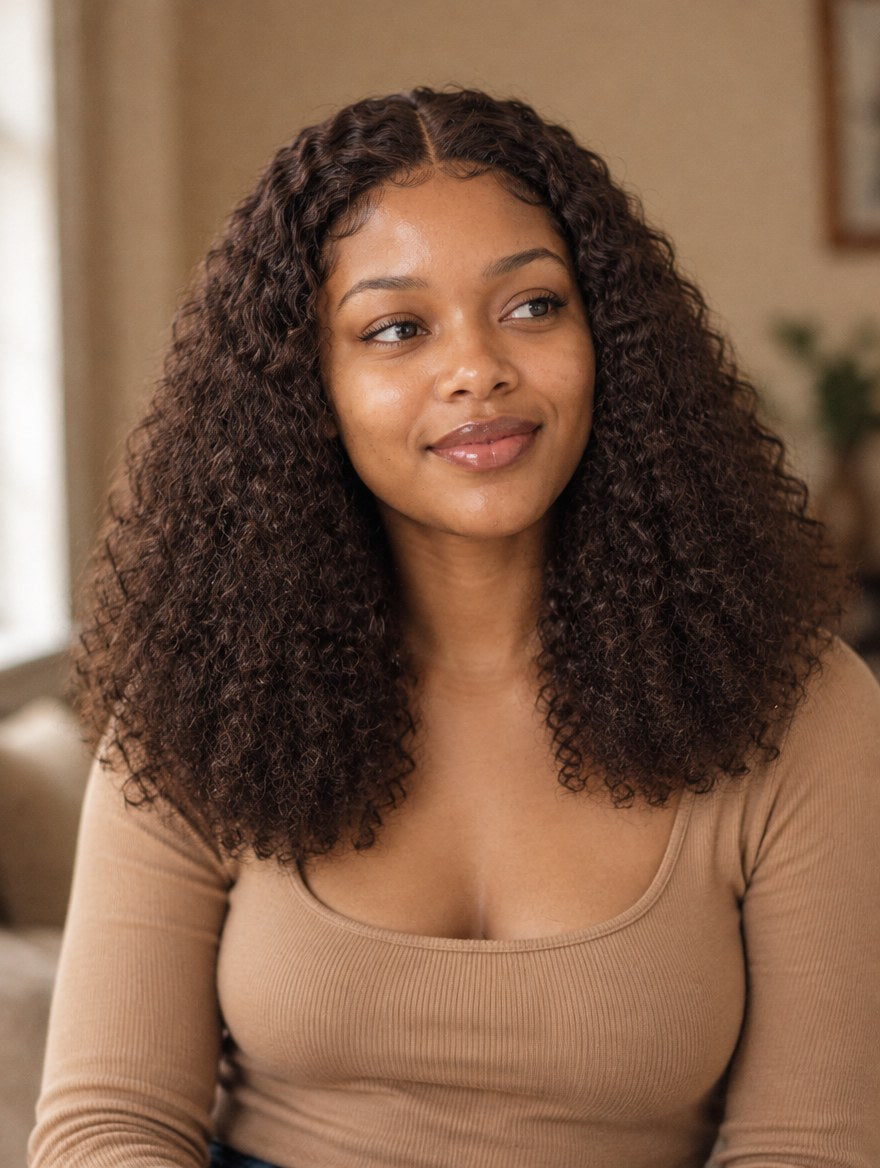 Chocolate Brown Water Wave 13x4 Lace Frontal Wig 16" worn by a model