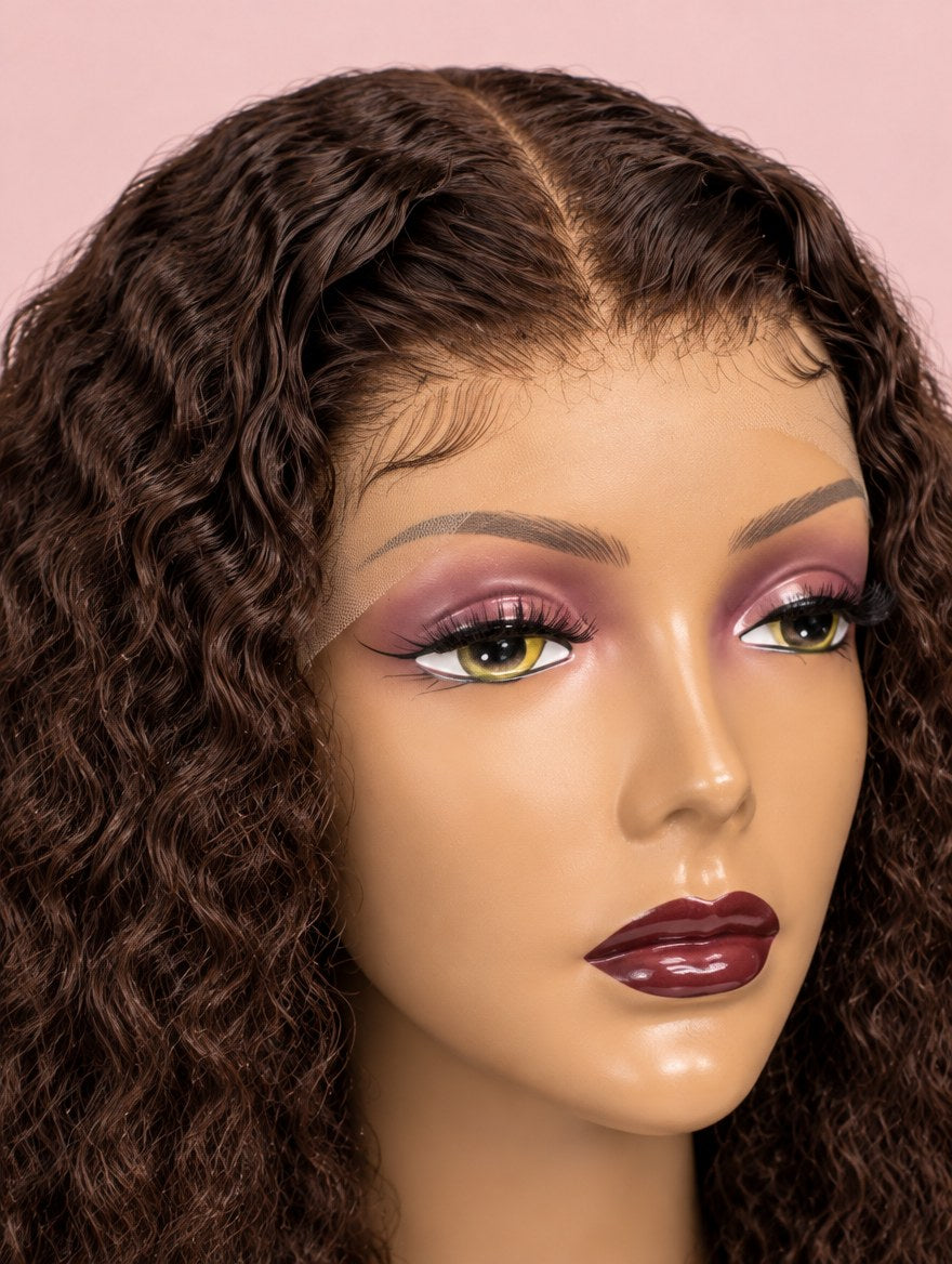 Super Double Drawn Chocolate Brown Water Wave 13x4 Lace Frontal Wig 20" lace and hairline close-up