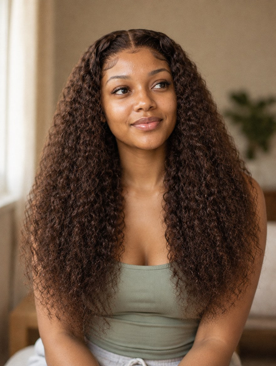 Super Double Drawn Chocolate Brown Water Wave 13x4 Lace Frontal Wig 20" worn by a model