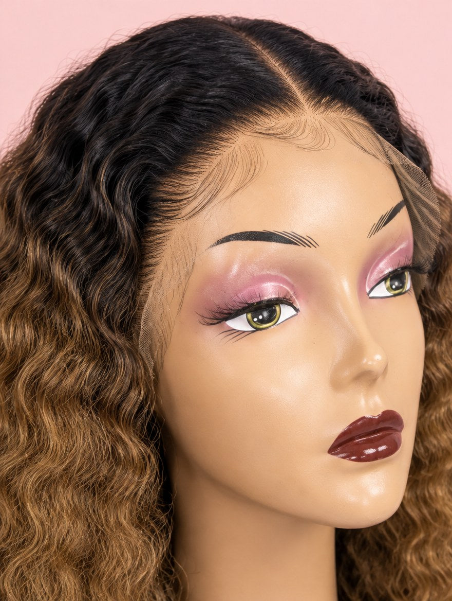 Brown Ombre Water Wave 13x4 Lace Frontal Wig 22" lace and hairline close-up