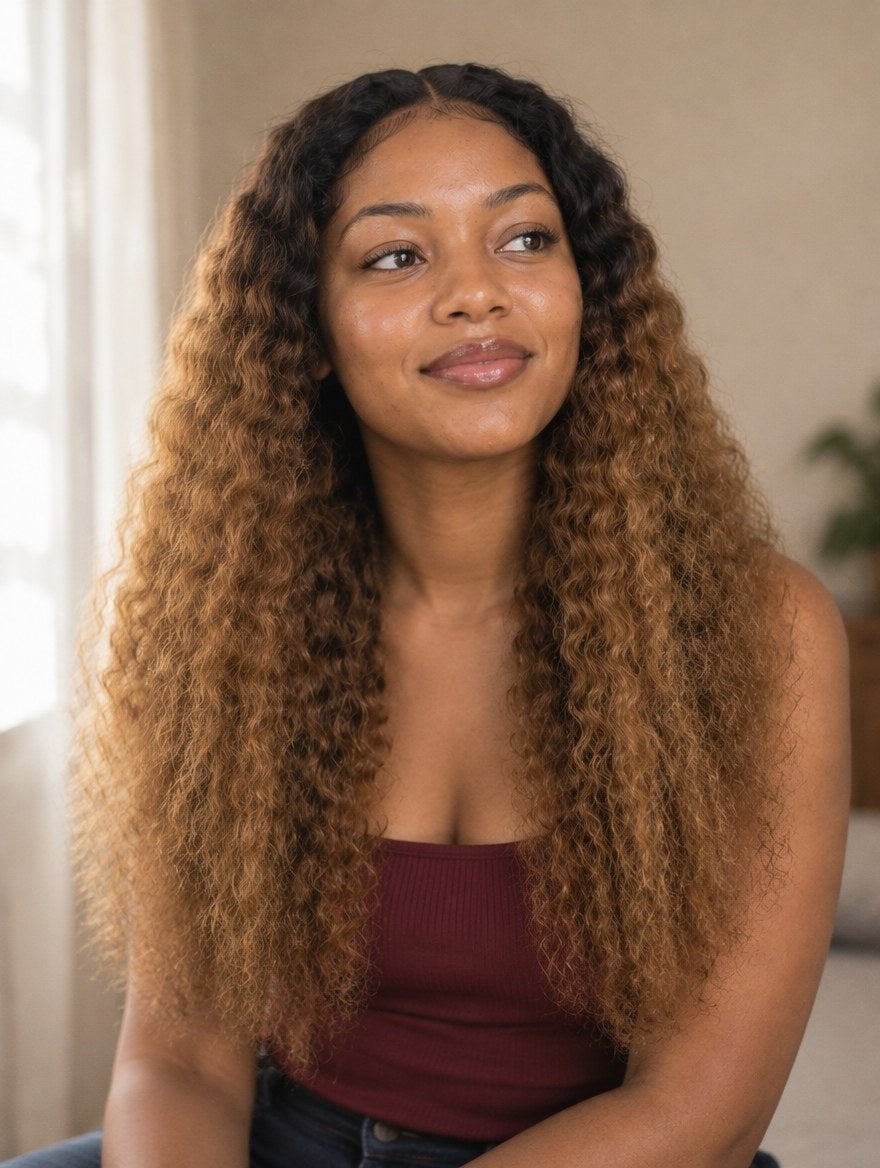 Brown Ombre Water Wave 13x4 Lace Frontal Wig 22" worn by a model