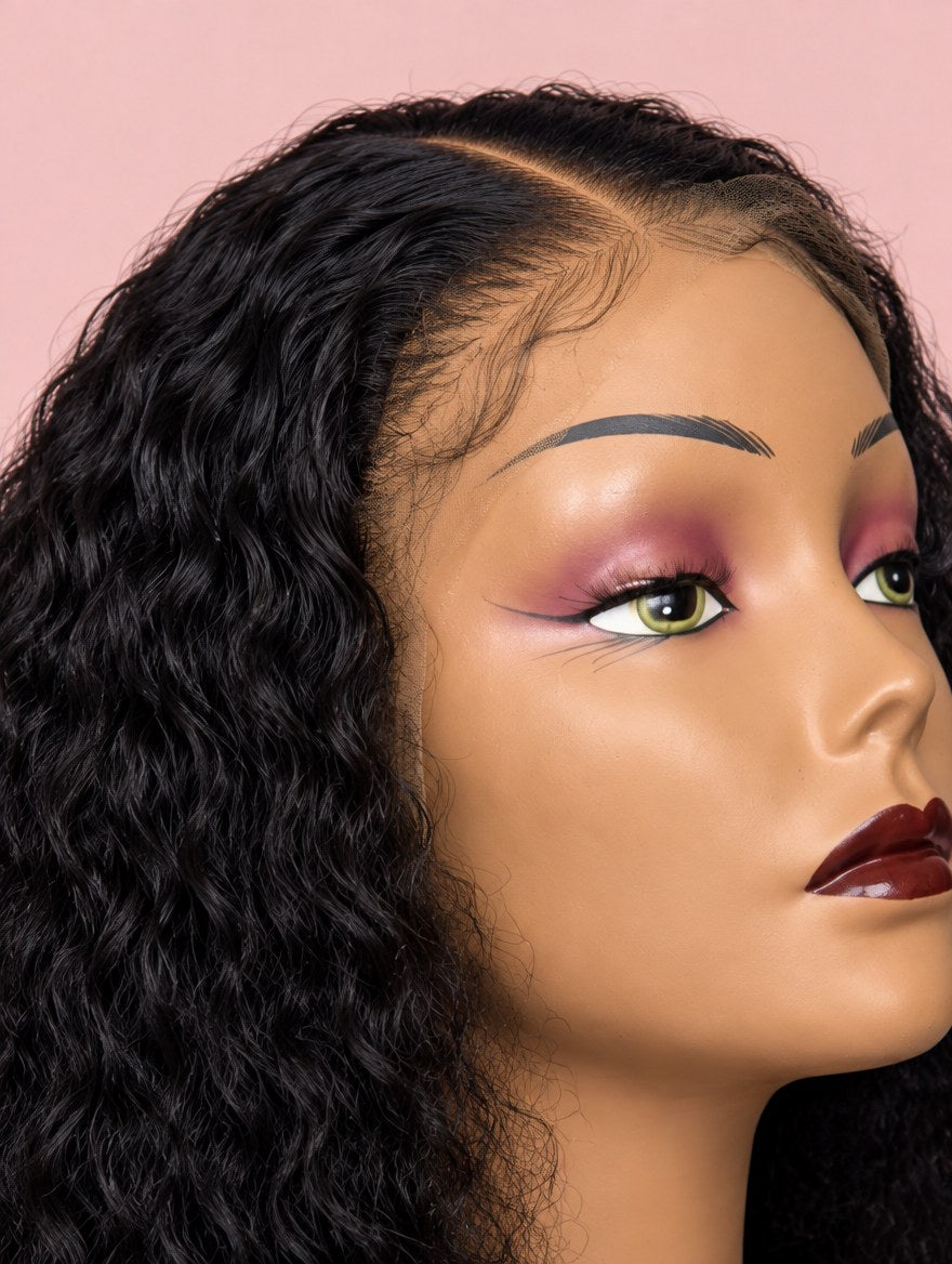 Super Double Drawn Natural Black Water Wave 13x4 Lace Frontal Wig 20" lace and hairline close-up